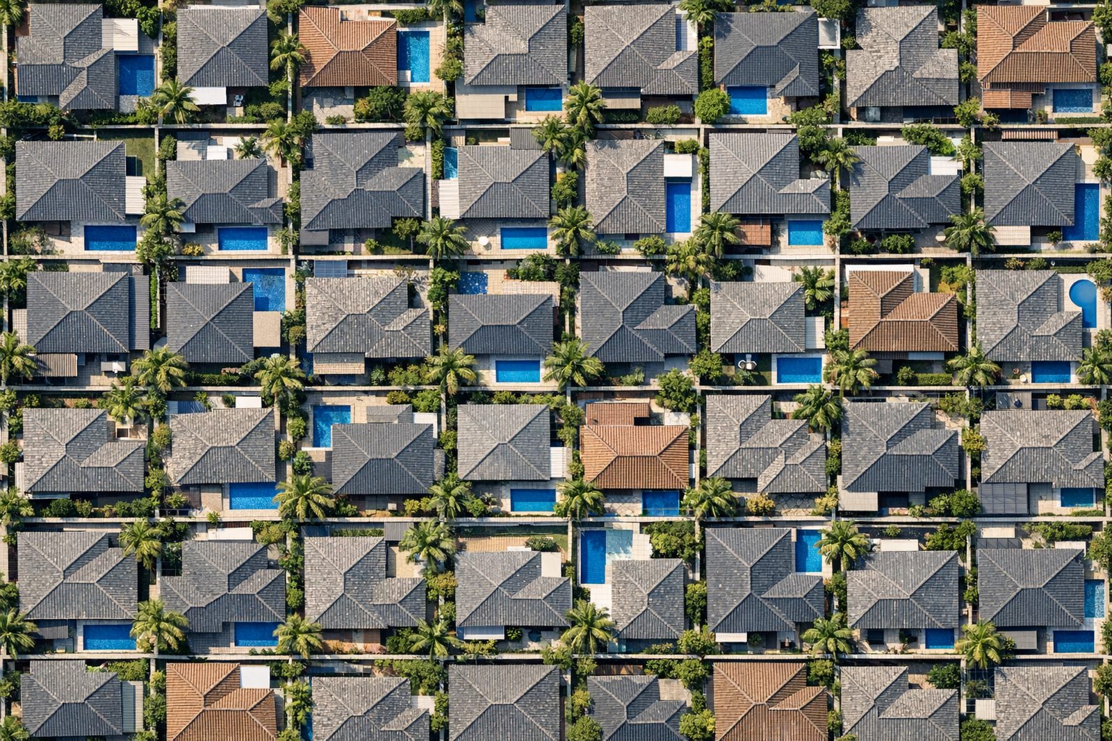 Vista aérea de um bairro residencial, padrão repetido de imóveis